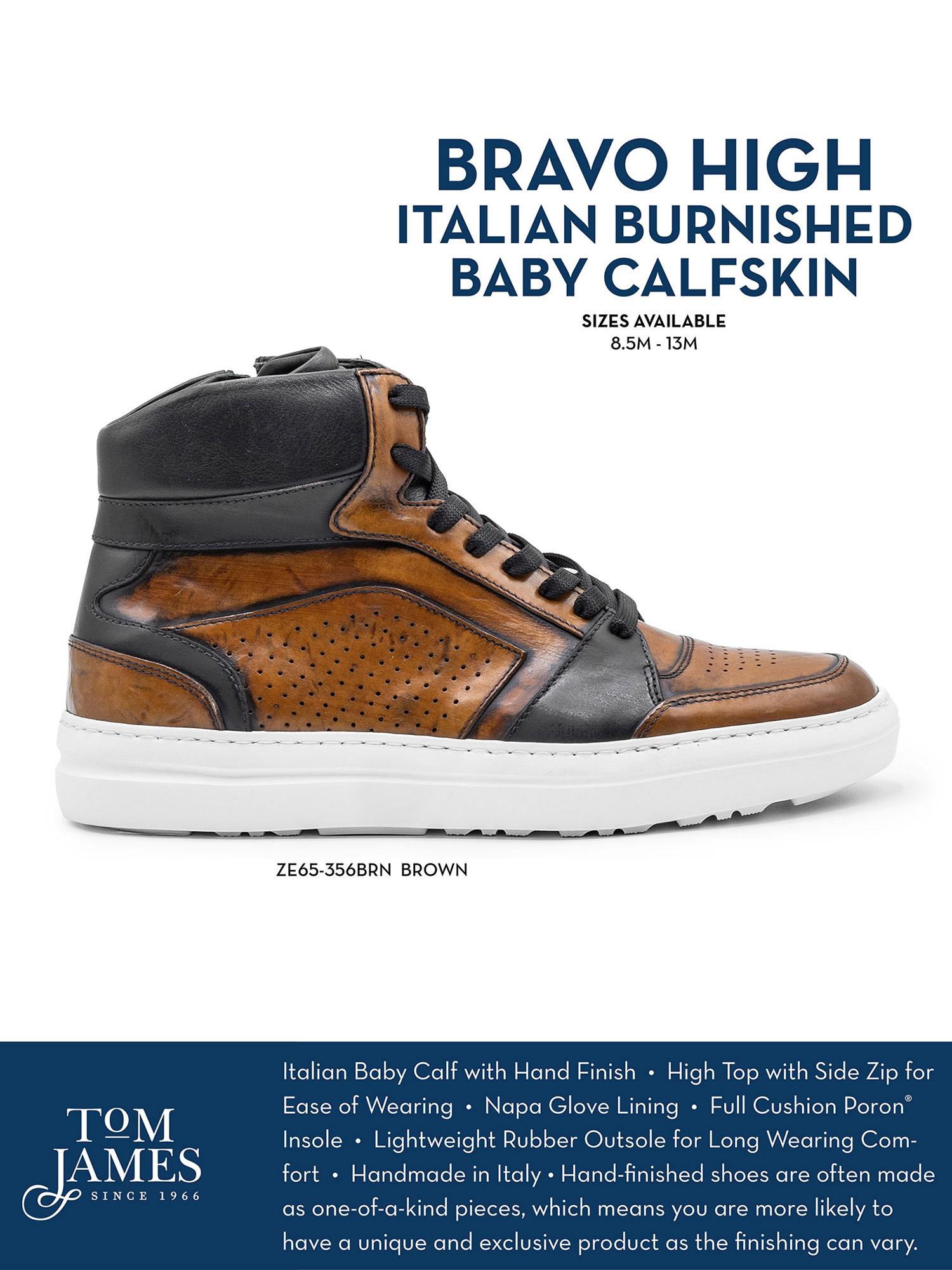 Bravo Italian Burnished Calfskin High Top Dress Sneaker - Zelli