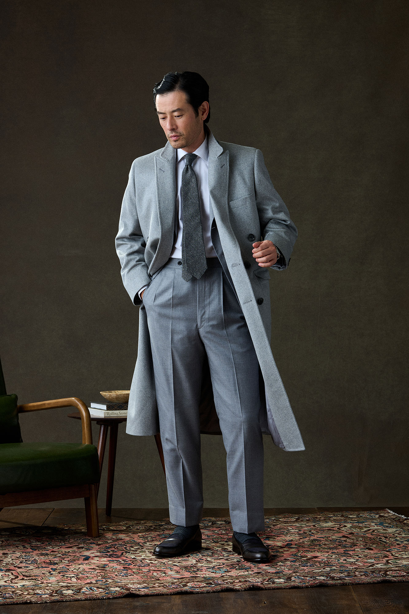 Light Gray Flannel Suit And Cashmere Top Coat