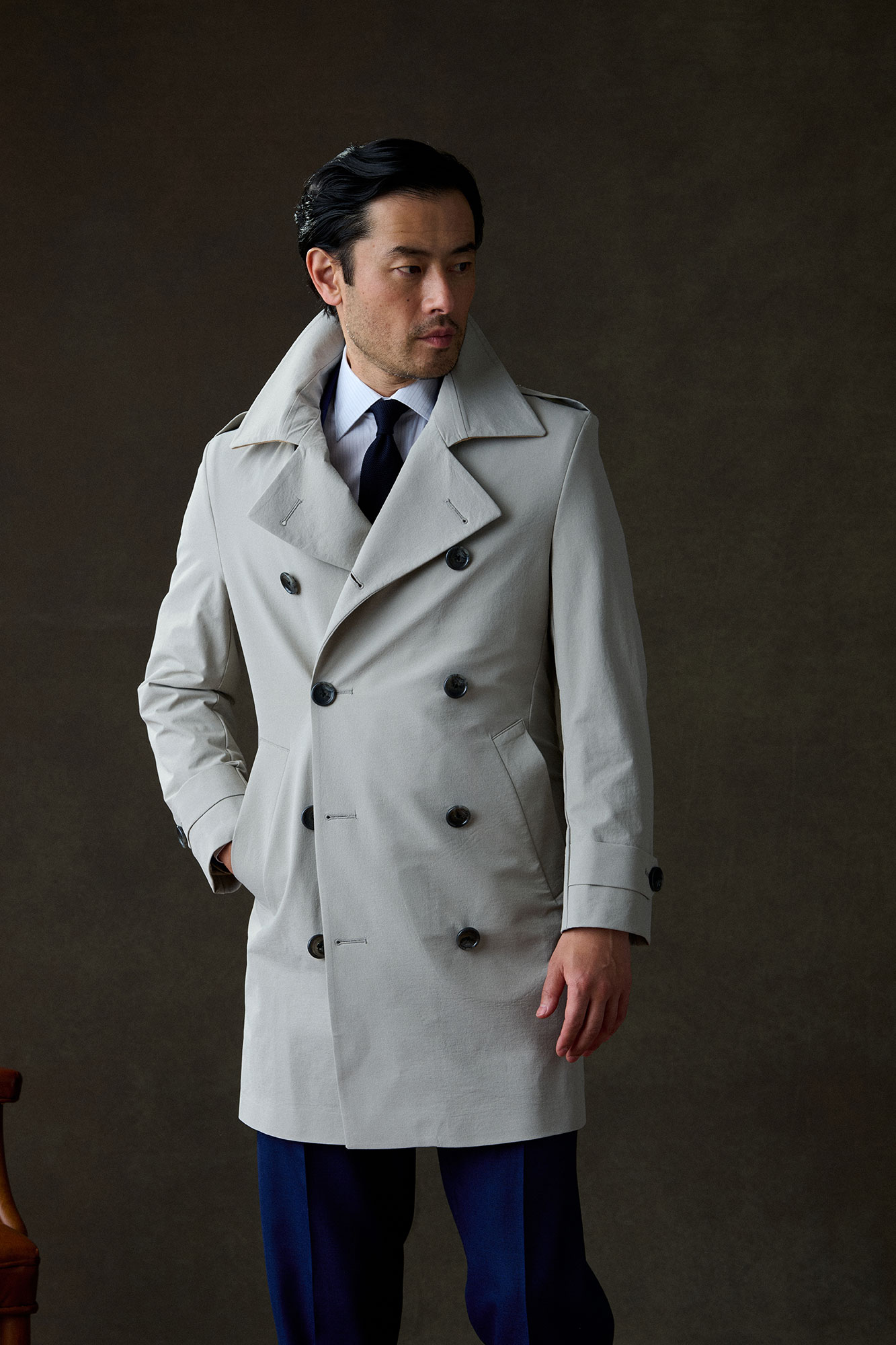 Royal Blue Tic Weave Suit And Stone Trench Coat