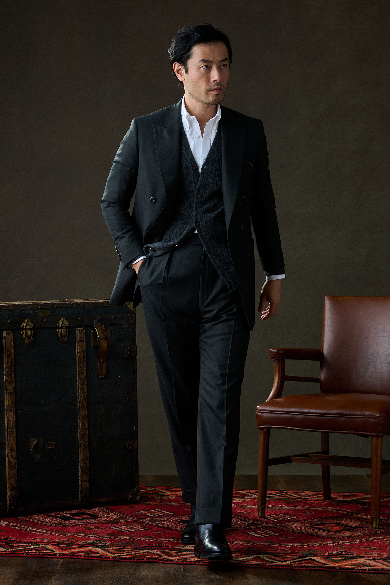 Charcoal Herringbone Suit With Charcoal Cable Knit Cardigan