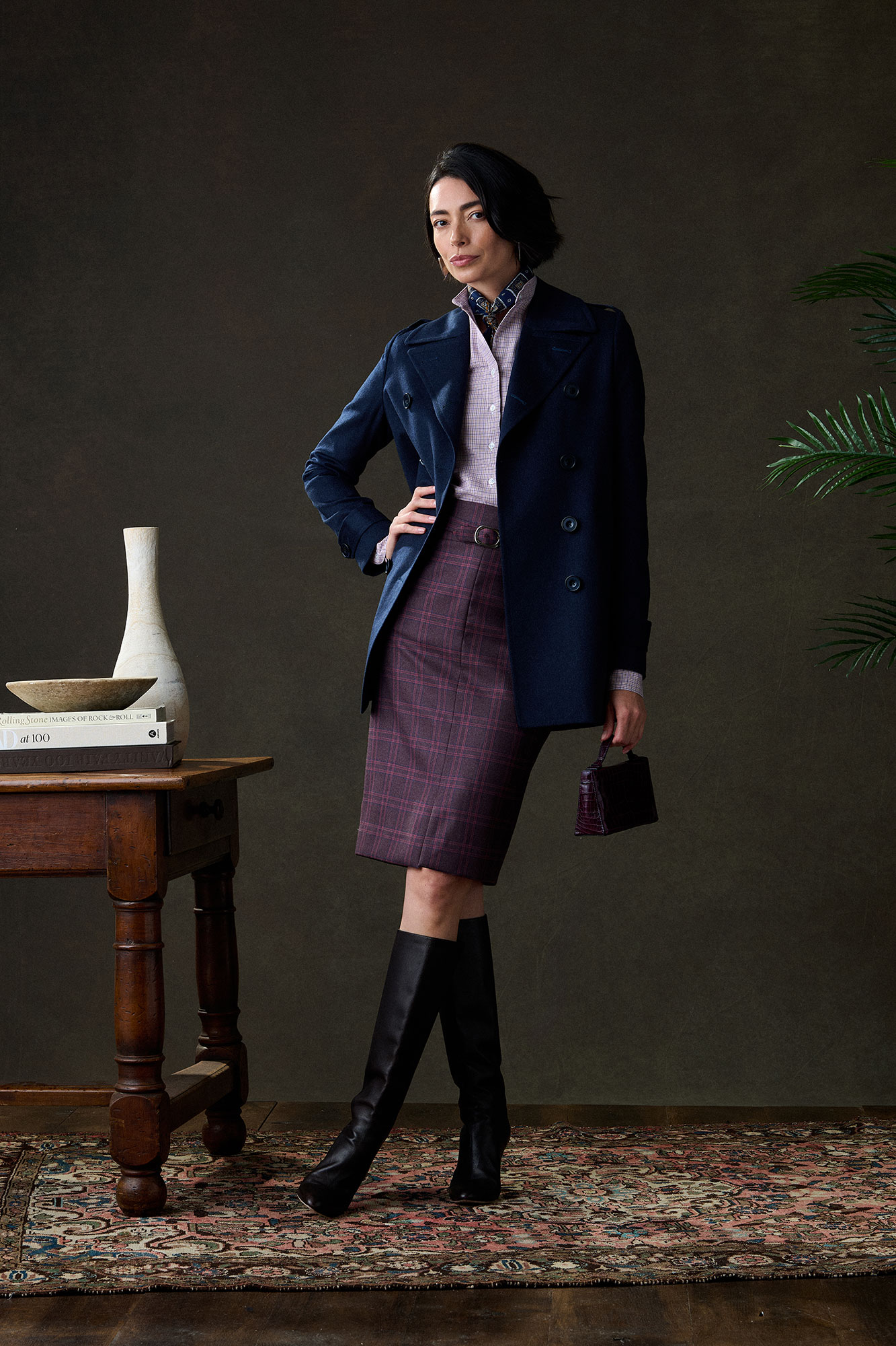 Navy Wool/Cashmere Peacoat With Burgundy Plaid Skirt