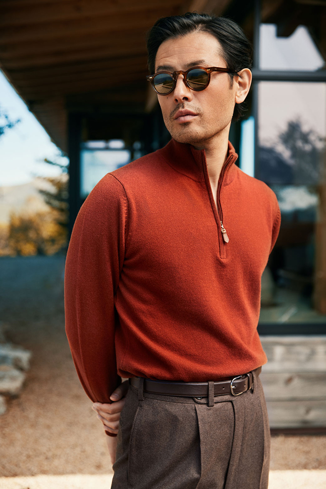 Men's Fall 2024 Look Book                                                                                                                                                                                                                                 , Orange Cashmere Quarter Zip