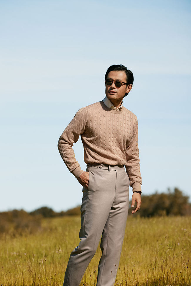Men's Fall 2024 Look Book                                                                                                                                                                                                                                 , Camel Cable Knit Cashmere Sweater