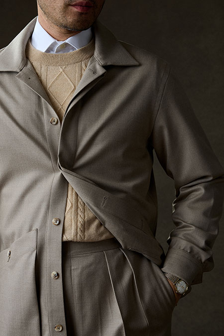 Fall/Winter 2025 Lookbook                                                                                                                                                                                                                                 , Light Tan Flannel Overshirt & Trousers