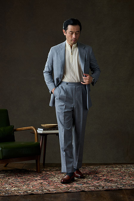 Light Gray Flannel Suit With Fisherman Cable 1/4 Zip Knit