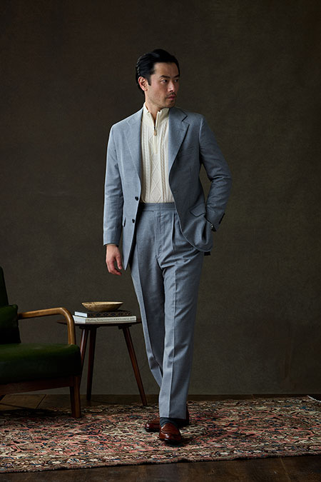 Fall/Winter 2025 Lookbook                                                                                                                                                                                                                                 , Light Gray Flannel Suit With Fisherman Cable 1/4 Zip Knit