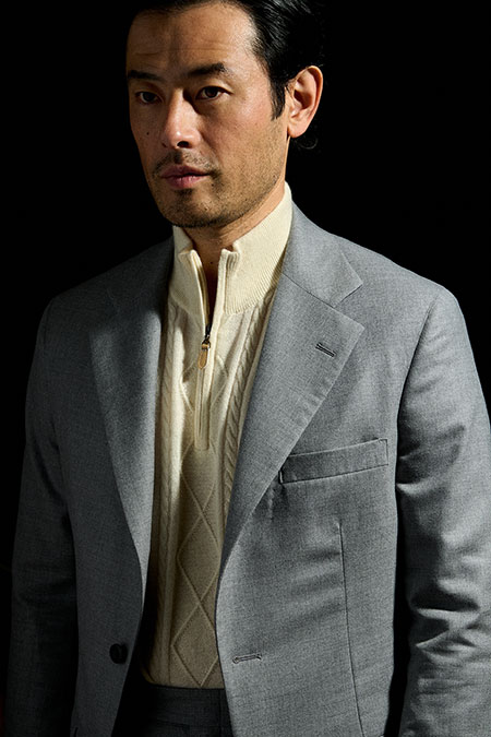 Light Gray Flannel Suit With Fisherman Cable 1/4 Zip Knit