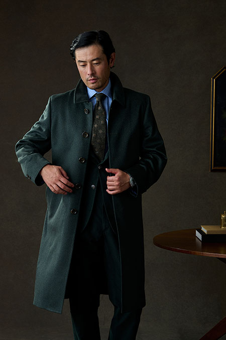 Fall/Winter 2025 Lookbook                                                                                                                                                                                                                                 , Green Moleskin Suit And Cashmere Top Coat