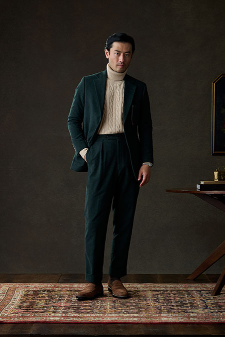 Fall/Winter 2025 Lookbook                                                                                                                                                                                                                                 , Green Moleskin Suit With Camel Cable Knit Turtleneck