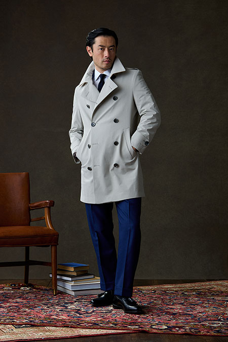 Royal Blue Tic Weave Suit And Stone Trench Coat