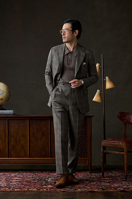 Fall/Winter 2025 Lookbook                                                                                                                                                                                                                                 , Brown Glen Plaid Suit With Brown Cable Knit Polo