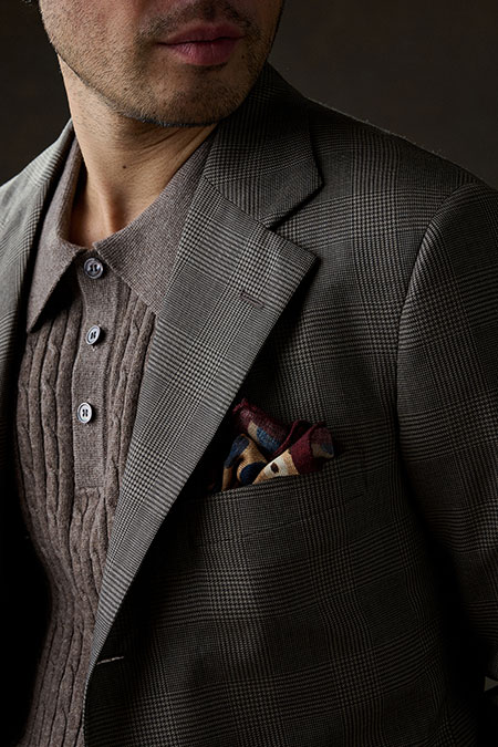 Brown Glen Plaid Suit With Brown Cable Knit Polo