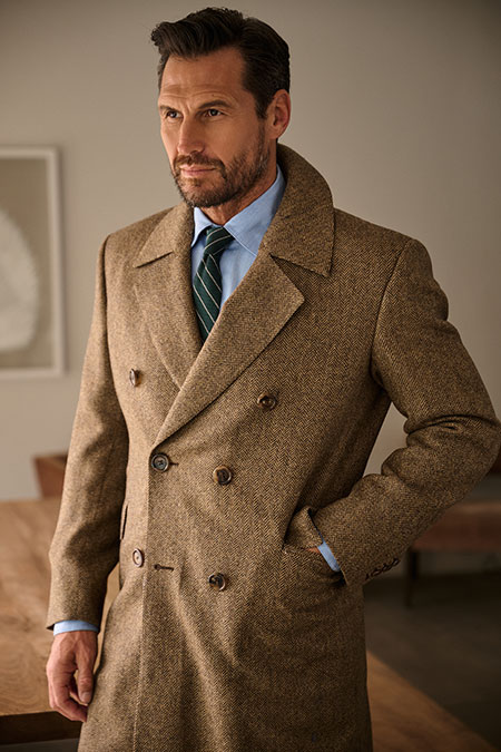 Tan Herringbone Tweed Topcoat