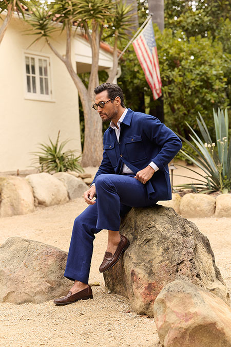 Spring Summer 26 Men's Lookbook                                                                                                                                                                                                                           , Navy Crushed Linen Trousers