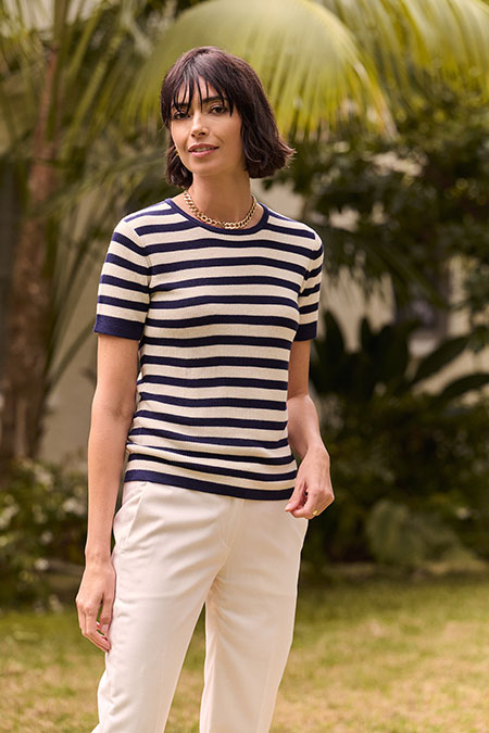 Spring Summer 26 Women's Lookbook                                                                                                                                                                                                                         , Navy Striped Knit Tee