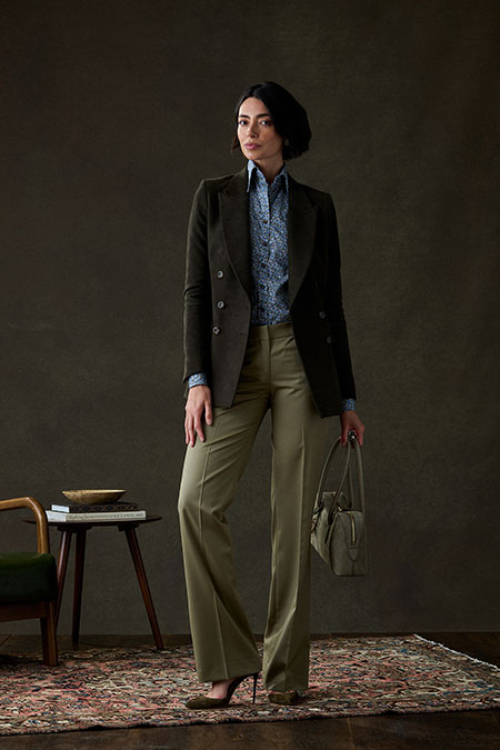 Fall/Winter 2025 Women's Lookbook                                                                                                                                                                                                                         , Brown Moleskin Blazer With Floral Print Shirt