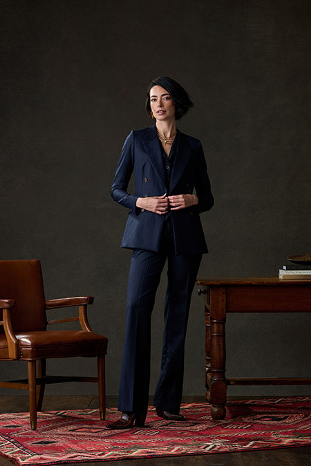 Fall/Winter 2025 Women's Lookbook                                                                                                                                                                                                                         , Navy & Brown Striped Suit