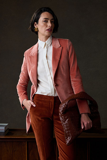 Fall/Winter 2025 Women's Lookbook                                                                                                                                                                                                                         , Peach Velvet Jacket - Holland & Sherry