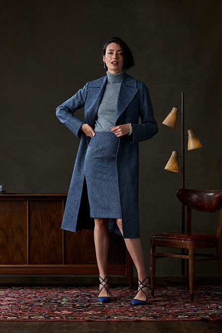 Fall/Winter 2025 Women's Lookbook                                                                                                                                                                                                                         , Blue Donegal Top Coat & Skirt - Holland & Sherry