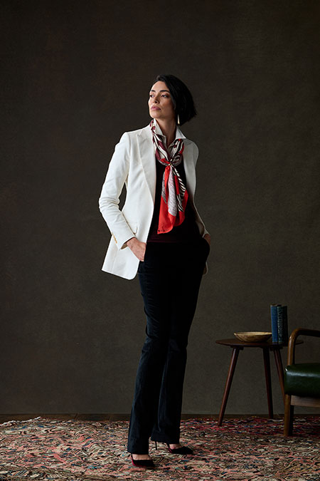 Fall/Winter 2025 Women's Lookbook                                                                                                                                                                                                                         , Ivory Corduroy Western Blazer With Burgundy 1/4 Zip Knit