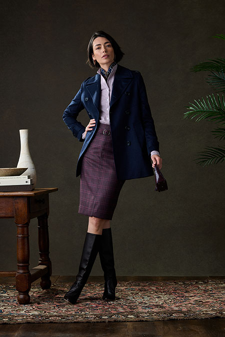 Navy Wool/Cashmere Peacoat With Burgundy Plaid Skirt