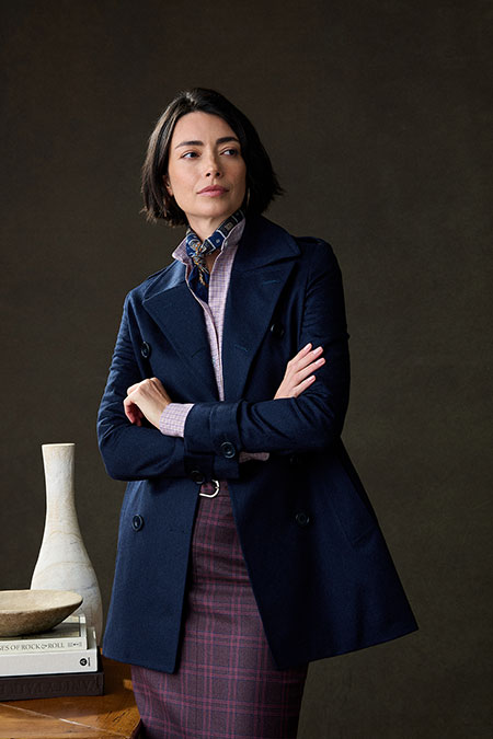 Navy Wool/Cashmere Peacoat With Burgundy Plaid Skirt