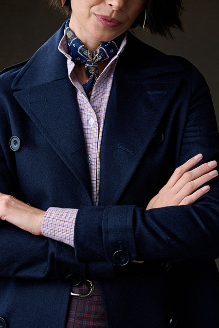 Navy Wool/Cashmere Peacoat With Burgundy Plaid Skirt