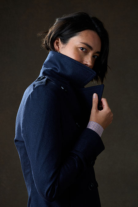 Navy Wool/Cashmere Peacoat With Burgundy Plaid Skirt