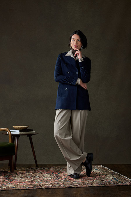 Fall/Winter 2025 Women's Lookbook                                                                                                                                                                                                                         , Navy Wool/Cashmere Peacoat With Tan Flannel Trouser